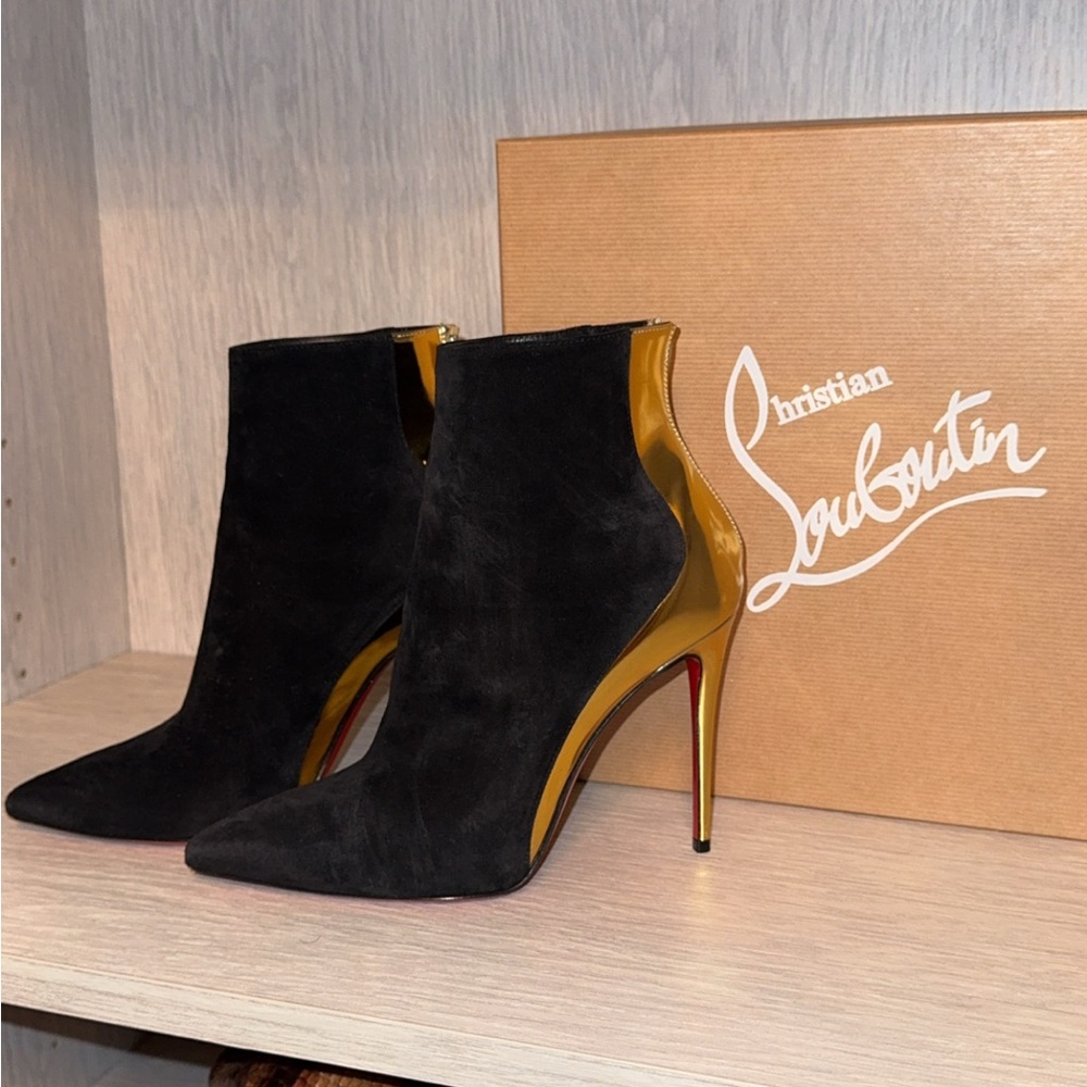 Christian Louboutin Black Suede Booties with Gold Heel